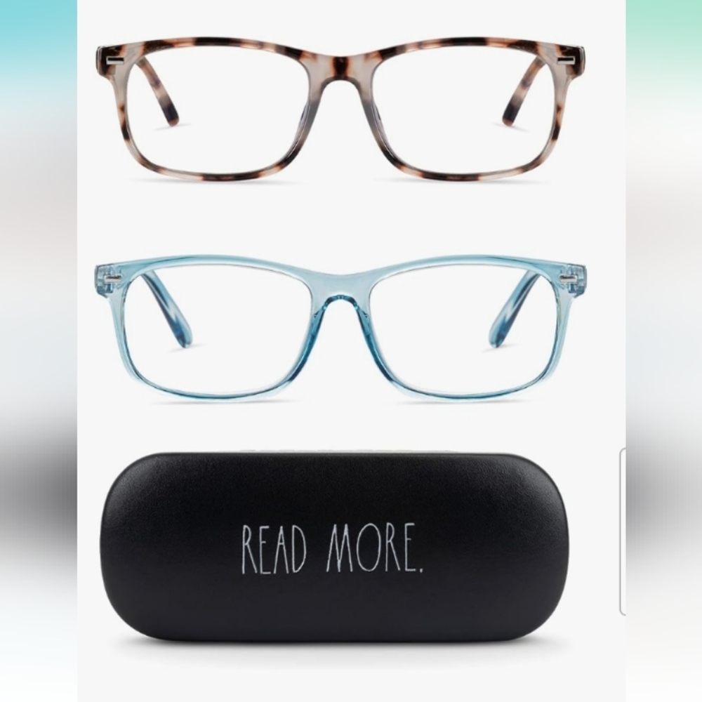 Rae DUNN 2 PACK BLUE LIGHT GLASSES WITH RAE DUNN HARD CASE NWT